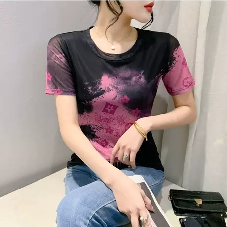 春秋新款T恤网纱印花设计感圆领短袖洋气减龄上衣女修身打底小衫图片
