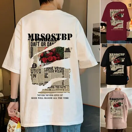 纯棉T恤男短袖夏季2024新款男装体恤宽松潮牌玫瑰印花半截袖衣服商品大图