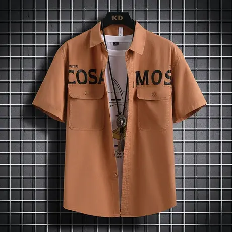 全棉工装衬衫男士夏季新款潮牌休闲薄款宽松短袖衬衣纯棉外套男装商品大图