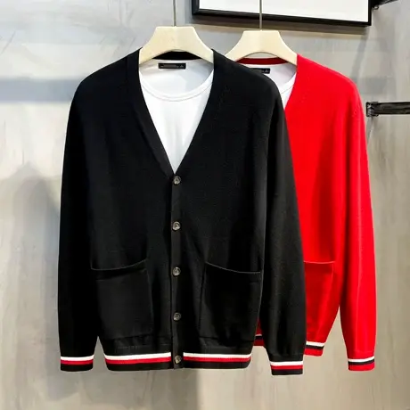 秋装针织开衫男韩版条纹毛衣外套2020新款潮流v领薄款针织衫外穿商品大图