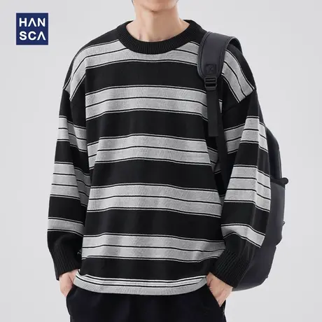 hansca秋冬季高级感条纹撞色毛衣男士重磅日系宽松潮流毛线衣外套商品大图