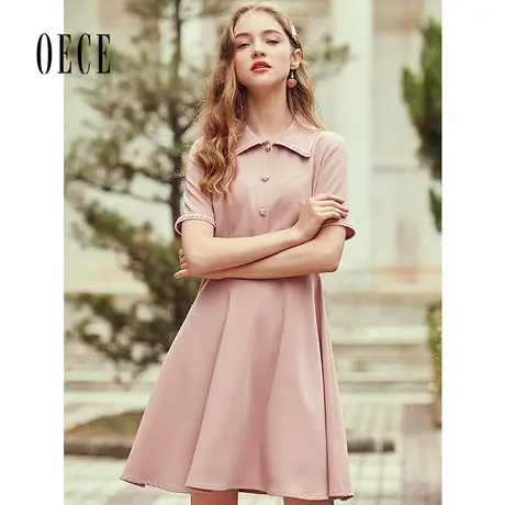 Oece夏装新款女装 甜心复古香风学院减龄翻领收腰短袖连衣裙图片