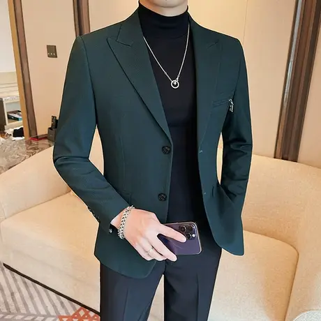 字母拉链设计感西服男春夏薄款外套戗驳领两粒扣织带装饰休闲西装商品大图