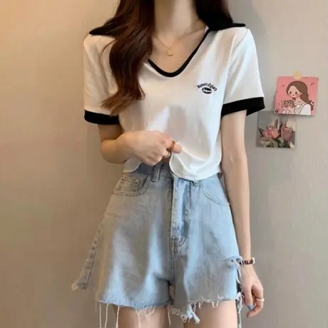撞色POLO衫短款T恤女夏季设计感正肩修身显瘦辣妹V领纯棉短袖上衣图片