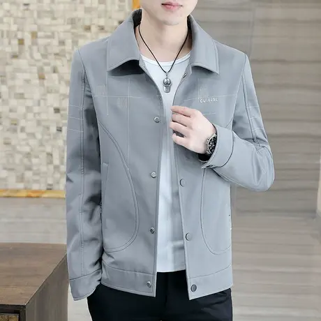 男士高端潮流外套秋款翻领韩版时尚休闲百搭男装痞帅气刺绣夹克衫商品大图