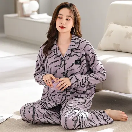 婷美纯棉睡衣女士春秋季长袖开衫翻领宽松大码家居服秋冬款两件套商品大图