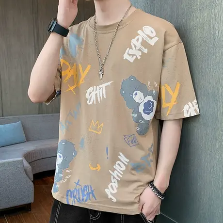宽松短袖T恤男夏季潮流五分半袖青少年休闲男装卡通冰丝潮牌体恤图片