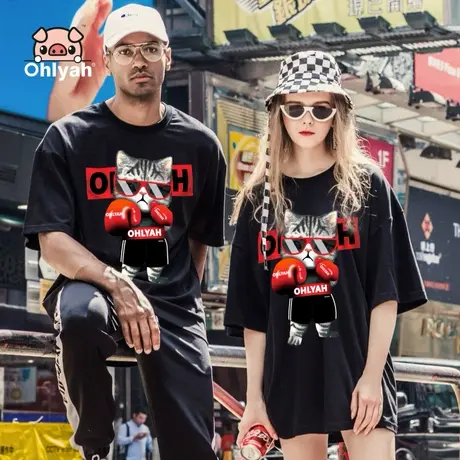 Ohlyah品牌不一样的情侣装男女t恤卡通猫咪印花纯棉短袖宽松圆领图片
