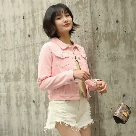 牛仔外套女春秋短款韩版修身显瘦粉色长袖新款牛仔服上衣少女商品大图
