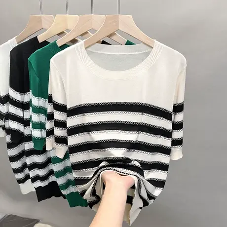 条纹圆领冰丝针织衫女2023春夏秋新款宽松外穿上衣短袖薄t恤衫潮商品大图