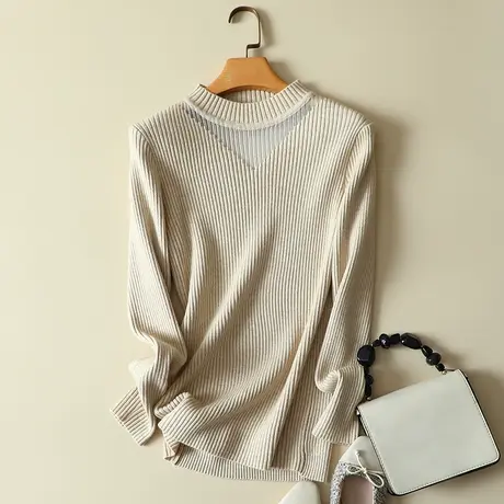 V字蕾丝半高领毛衣女秋冬新款纯色套头针织衫女士洋气长袖打底衫商品大图