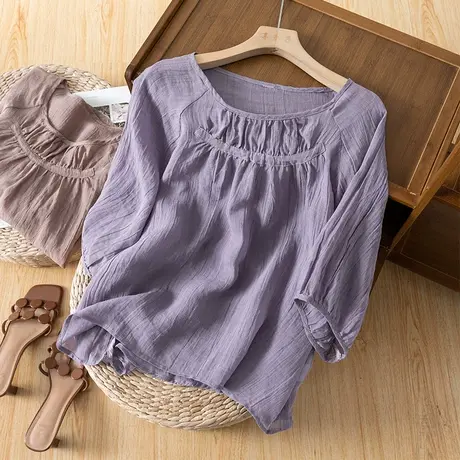 享永子七分袖苎麻上衣女夏文艺复古宽松显瘦百搭棉麻小衫2023新款商品大图