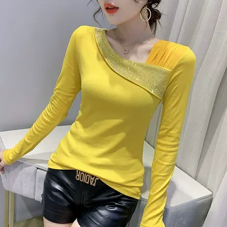 女装2023新款潮时尚烫钻T恤网纱拼接上衣修身百搭打底衫女长袖秋商品大图