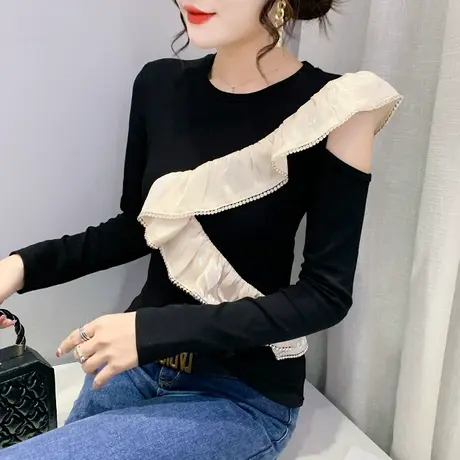 欧货荷叶边上衣女2023春秋新款性感露肩长袖T恤设计感撞色打底衫图片