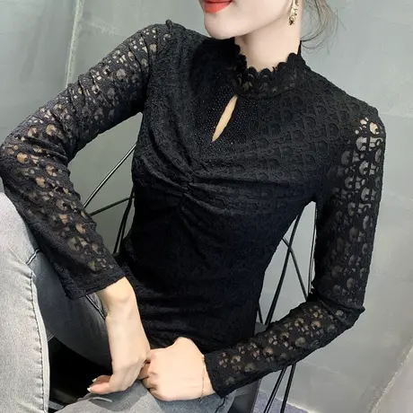 小高领加绒打底衫女长袖春秋性感镂空洋气蕾丝上衣修身百搭小衫潮图片