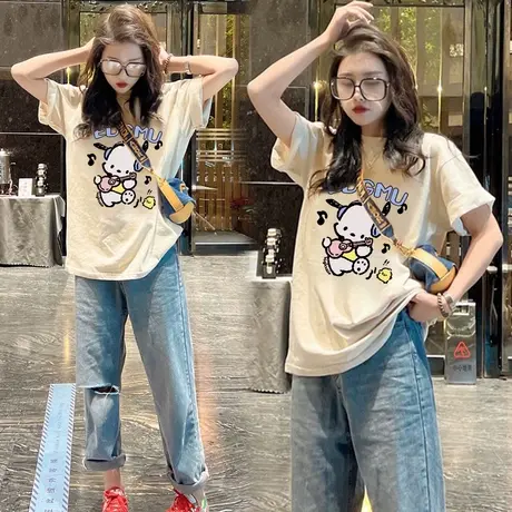 美式复古短袖t恤女2023年新款夏季设计感小众宽松大版纯棉上衣潮商品大图