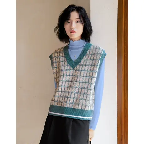 弥古小众撞色针织马甲女春秋外穿无袖v领格子背心高级感显瘦上衣商品大图