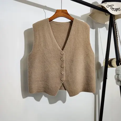 针织马甲开衫女春秋新款韩版宽松v领学院风无袖坎肩毛衣背心外穿商品大图