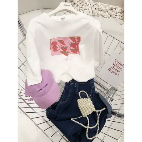 ins甜美印花油画风短袖上衣夏季韩国东大门清爽水洗棉T恤宽松打底图片