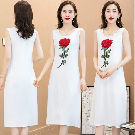 莫代尔连衣裙女2022夏季刺绣修身大码复古吊带裙中长款打底背心裙商品大图
