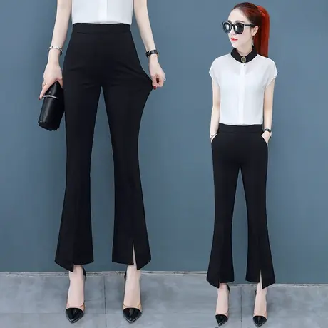 黑色微喇裤女夏季薄款九分垂感开叉直筒休闲裤时尚弹力显瘦喇叭裤商品大图