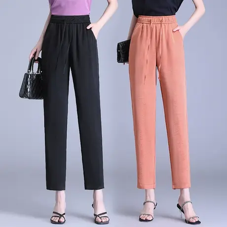 冰丝缎面哈伦裤女夏季新款高腰抽绳九分裤小个子大码提花休闲裤潮图片