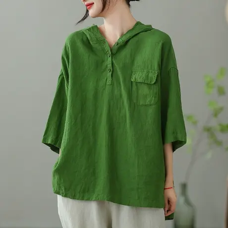 dza复古亚麻连帽T恤女2023夏季薄款短袖打底体恤宽松棉麻套头上衣商品大图