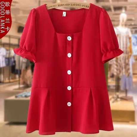 中年胖妈妈夏装短袖上衣大码女装宽松显瘦减龄洋气方领雪纺衬衫女商品大图