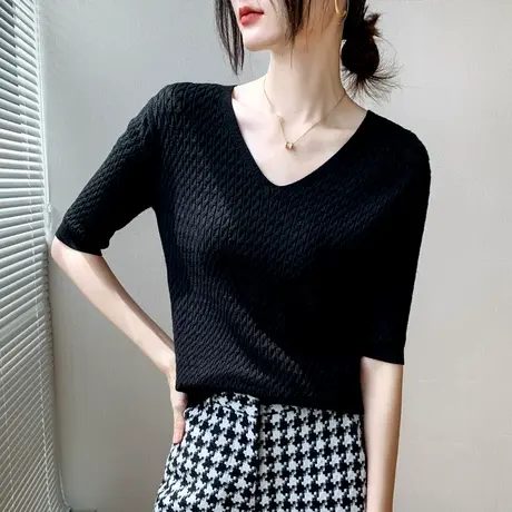 V领长袖上衣女士2023春季新款开衫内搭坑条设计感小众针织打底衫图片