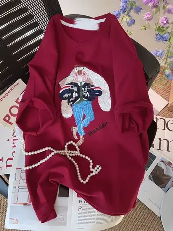 磨毛刺绣卡通韩版女装欧货潮2023新款上衣ins短袖百搭t恤打底衫秋图片