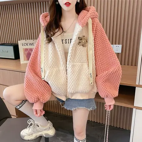 羊羔毛外套女秋冬季韩版宽松加绒加厚小个子撞色保暖开衫洋气卫衣图片