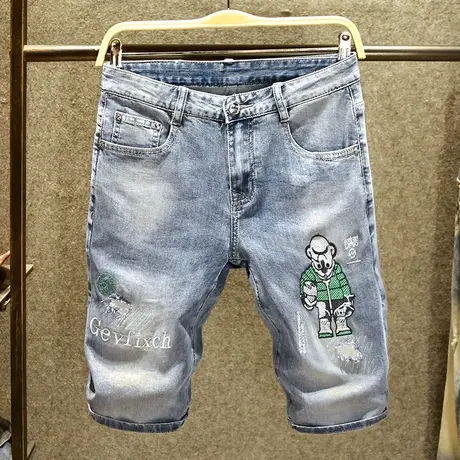 夏季破洞牛仔短裤男修身时尚百搭中裤潮流元素高端刺绣ins5分裤商品大图