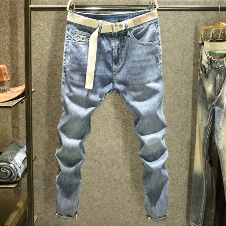 夏季2023新款蓝色牛仔裤男修身小脚裤潮流百搭休闲中腰裤子男薄款商品大图