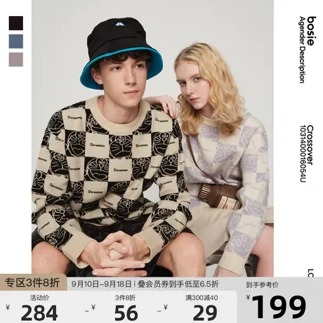 【哆啦A梦】bosie2023秋季新款毛衣男情侣棋盘格学院套头针织衫潮商品大图