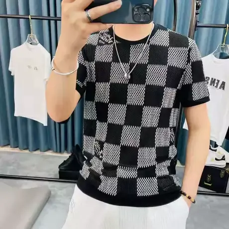 短袖t恤男夏季潮流韩版彩色格子印花修身潮牌圆领百搭T恤薄款时尚商品大图