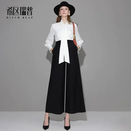 希区瑞普时尚飘带领黑白拼接连体裤女2024新款春季显瘦垂感阔腿裤图片