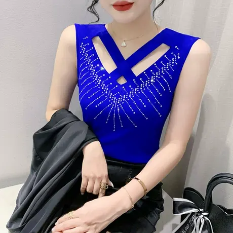 2024夏装新款性感镂空背心女西装内搭洋气烫钻无袖上衣网纱打底衫商品大图