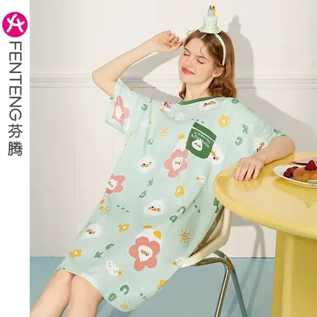 芬腾纯棉女士睡裙夏季薄款圆领中长裙连衣裙可外穿全棉家居服睡衣商品大图