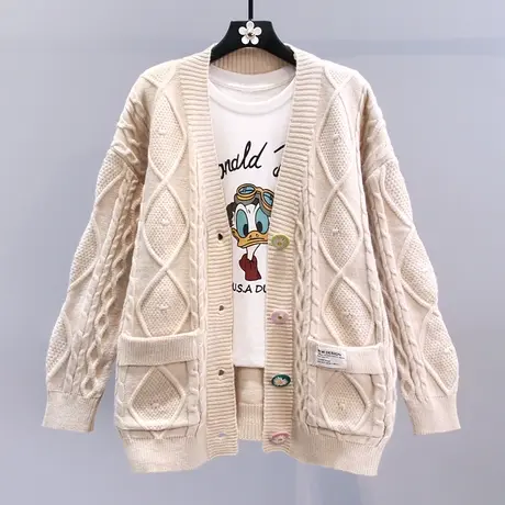 复古菱形麻花毛衣外套女秋冬2023新款宽松外搭慵懒风时尚针织开衫图片