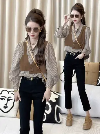 条纹衬衫女士装春秋冬2023年新款假两件洋气上衣漂亮小衫长袖衬衣商品大图