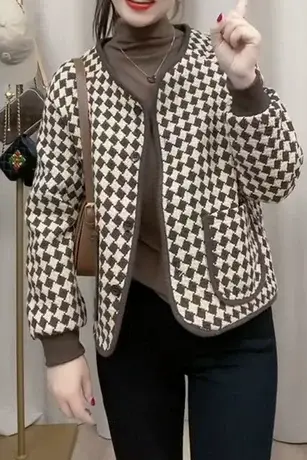 韩版茧型千鸟格圆领毛呢外套女2023秋冬装休闲宽松棋盘格子短外套图片