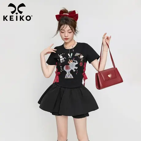 美式复古印花正肩短袖t恤2023夏季小众独特别致辣妹绑带短款上衣图片