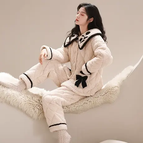 猫人睡衣女冬季三层夹棉加绒加厚珊瑚绒大码女士家居服套装可外穿商品大图