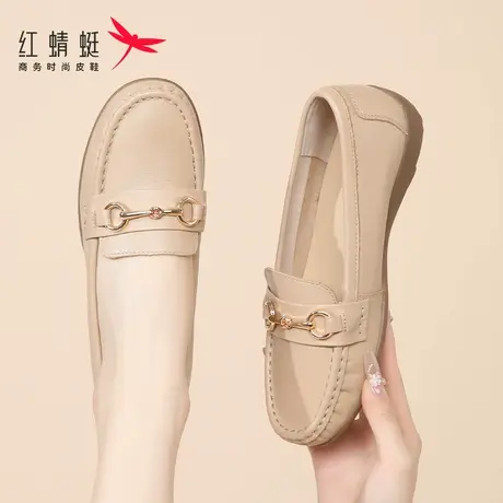 红蜻蜓女鞋春秋新款软底一脚蹬懒人鞋豆豆鞋女妈妈真皮小皮鞋夏季图片
