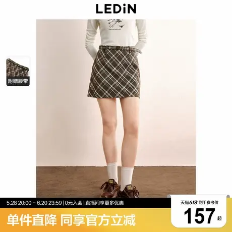 乐町复古学院风半身裙秋季新款腰带A字裙遮肉斜格纹设计短裙图片