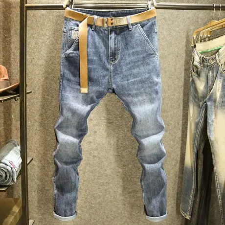 2023新款秋季牛仔裤男款简约休闲修身小脚弹力裤子斜口袋青年长裤商品大图