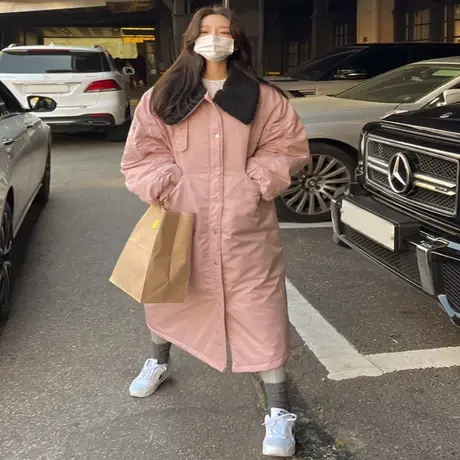冬装新款羊羔毛领子棉衣女过膝长款韩版宽松休闲压棉潮流时尚棉袄图片