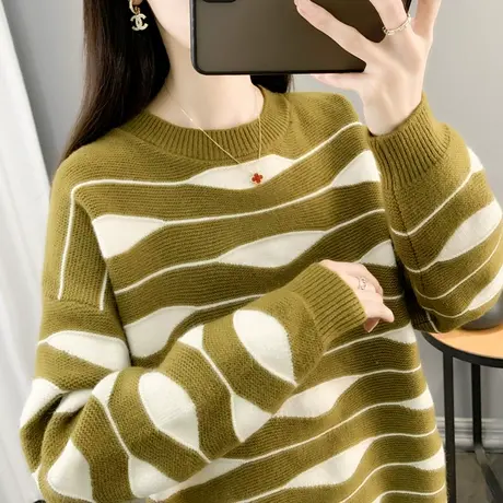 圆领毛衣女2023秋冬新款慵懒风设计感条纹宽松加厚长袖针织打底衫商品大图