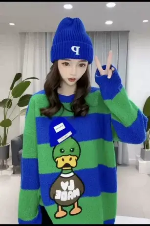 欧洲站刺绣条纹撞色帽子卡通鸭子拼色加厚宽松2023秋冬新款毛衣女图片