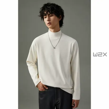 w2x秋冬季加厚双面绒中领长袖T恤男半高领纯色打底衫时尚百搭体恤商品大图